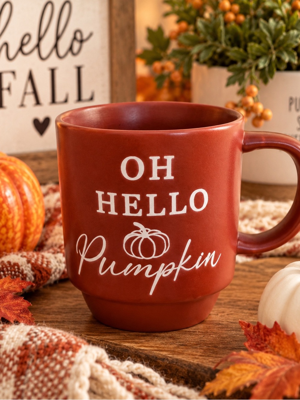 Oh Hello Pumpkin Fall Mug Stoneware Coffee Cup Autumn Pumpkin Spice Decor